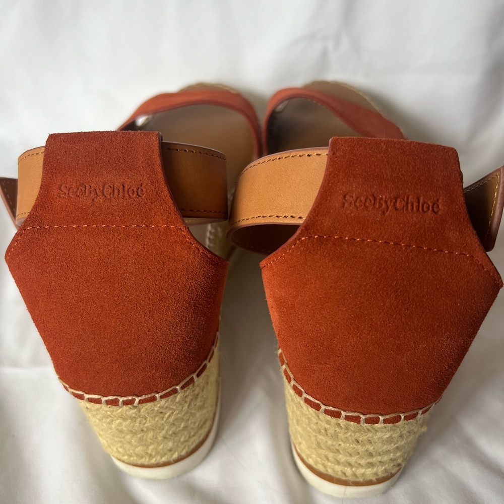 See By Chloe Rust Suede & Tan Espadrille Platform Wedges - Picture 3 of 5